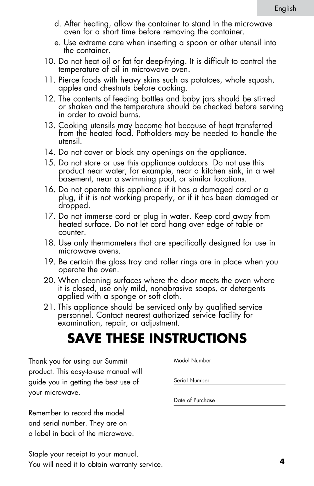 Summit SM900BL, SM900WH user manual Save These Instructions 